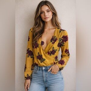 Free Press Mustard and Burgundy Floral Blouse